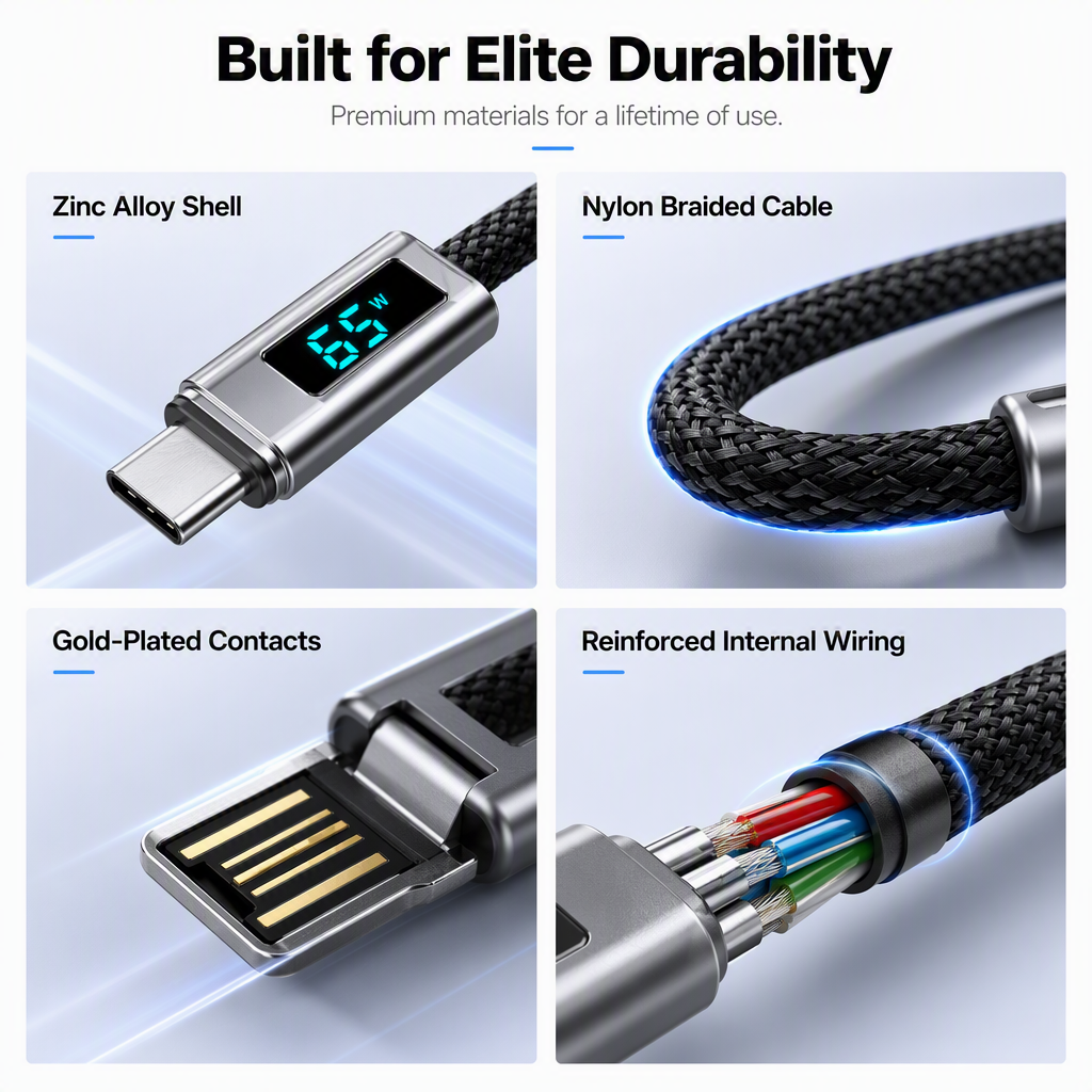4-in-1 Charging Cable with Digital Display and Keychain charging, Kink-Resistant and Compact