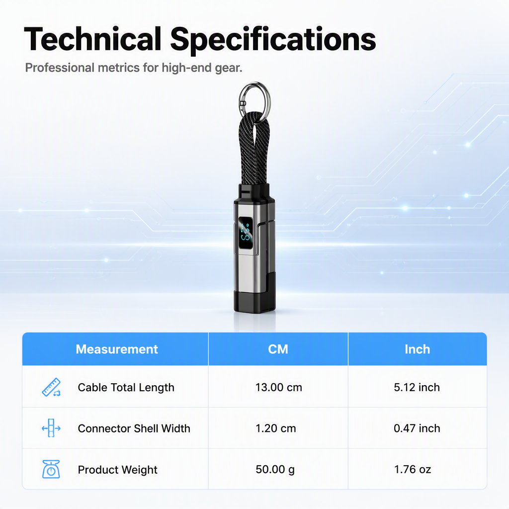 4-in-1 Charging Cable with Digital Display and Keychain charging, Kink-Resistant and Compact