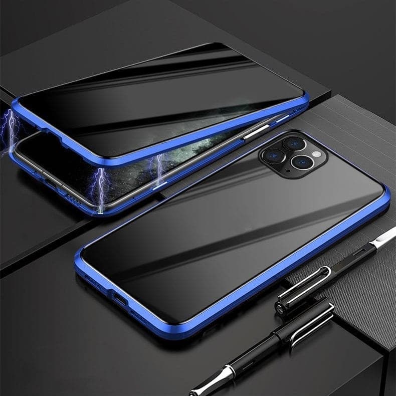 Magnetic selected phones case with privacy glass and metal frame
