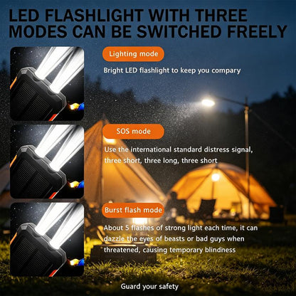 Portable Solar Power Bank, Solar Powered Charger with Dual LED Flashlights, Power Bank for Travel, Camping
