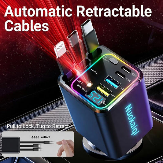 charging 7-in-1 Retractable Fast Car Charger with Voltage Display USB-C For Androidand Lighting For compatible devices