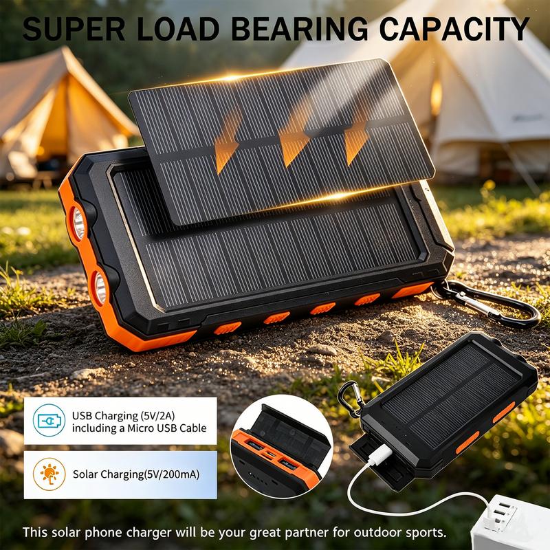 Portable Solar Power Bank, Solar Powered Charger with Dual LED Flashlights, Power Bank for Travel, Camping