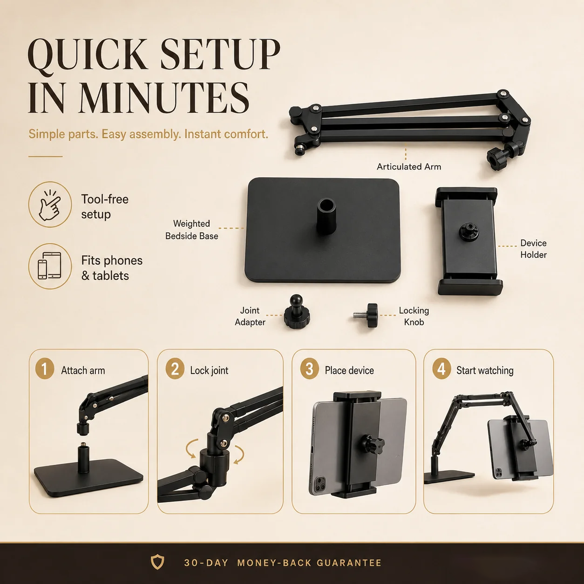 Hidden Bedside Retractable Phone and Tablet Holder