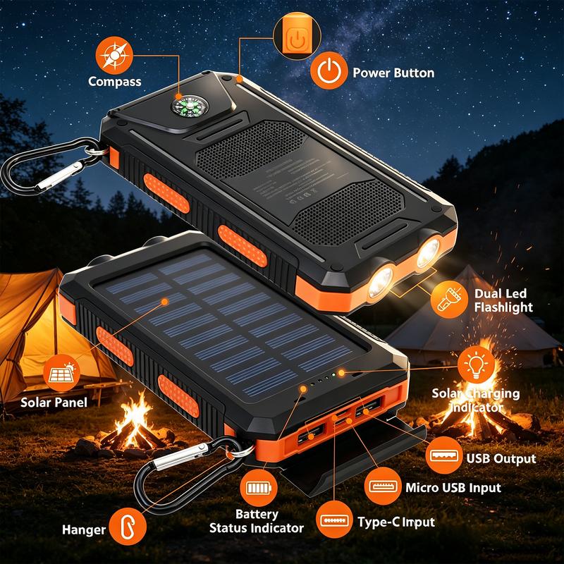 Portable Solar Power Bank, Solar Powered Charger with Dual LED Flashlights, Power Bank for Travel, Camping