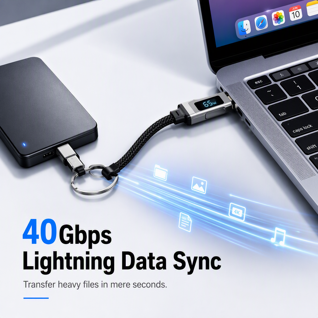 4-in-1 Charging Cable with Digital Display and Keychain charging, Kink-Resistant and Compact