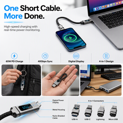4-in-1 Charging Cable with Digital Display and Keychain charging, Kink-Resistant and Compact