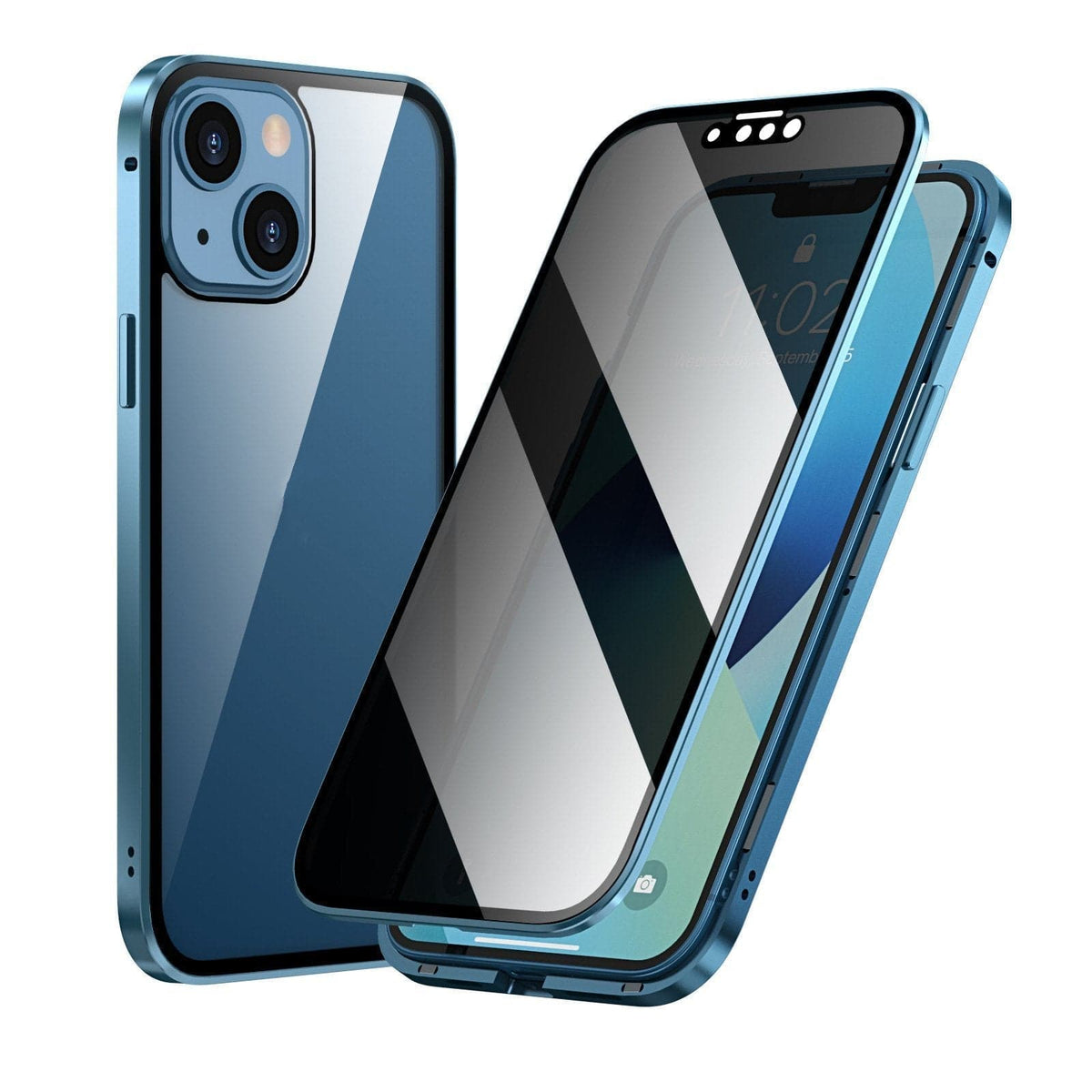 Magnetic selected phones case with privacy glass and metal frame