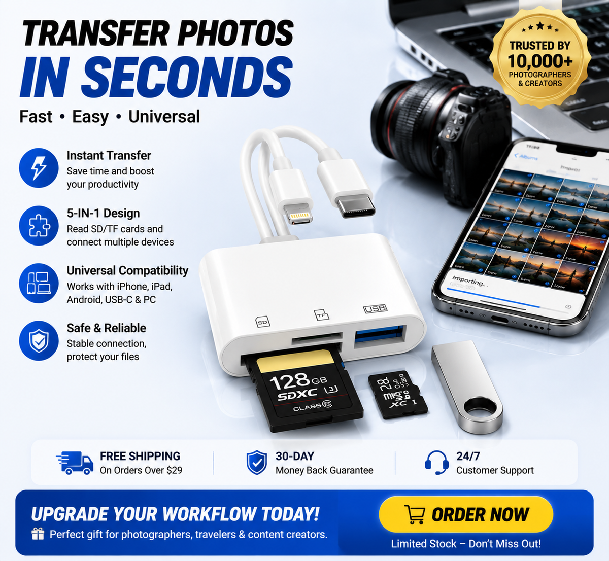 5-in-1 SD Card Reader for selected phones and USB-C Fast Photo and Video Transfer Adapter