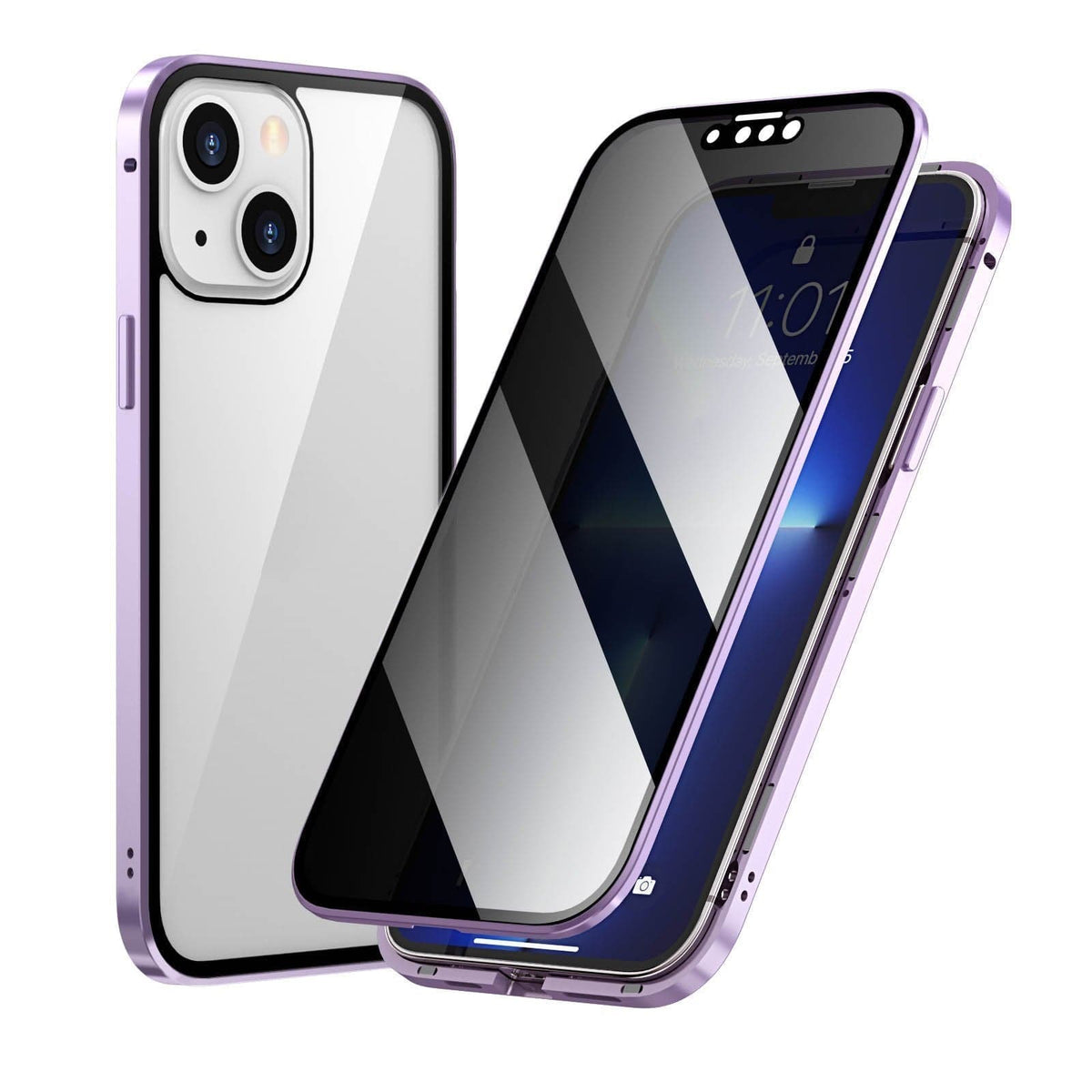 Magnetic selected phones case with privacy glass and metal frame