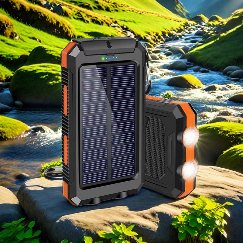 Portable Solar Power Bank, Solar Powered Charger with Dual LED Flashlights, Power Bank for Travel, Camping
