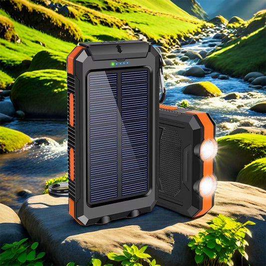 Portable Solar Power Bank, Solar Powered Charger with Dual LED Flashlights, Power Bank for Travel, Camping