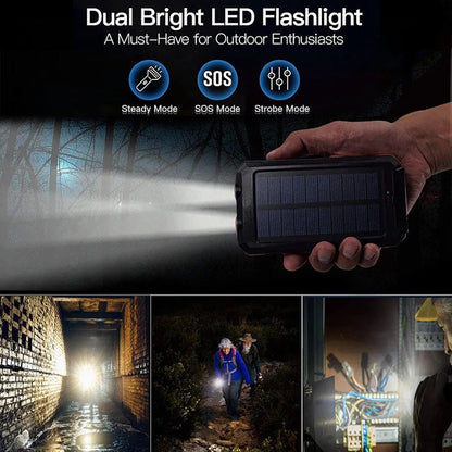 Portable Solar Power Bank, Solar Powered Charger with Dual LED Flashlights, Power Bank for Travel, Camping