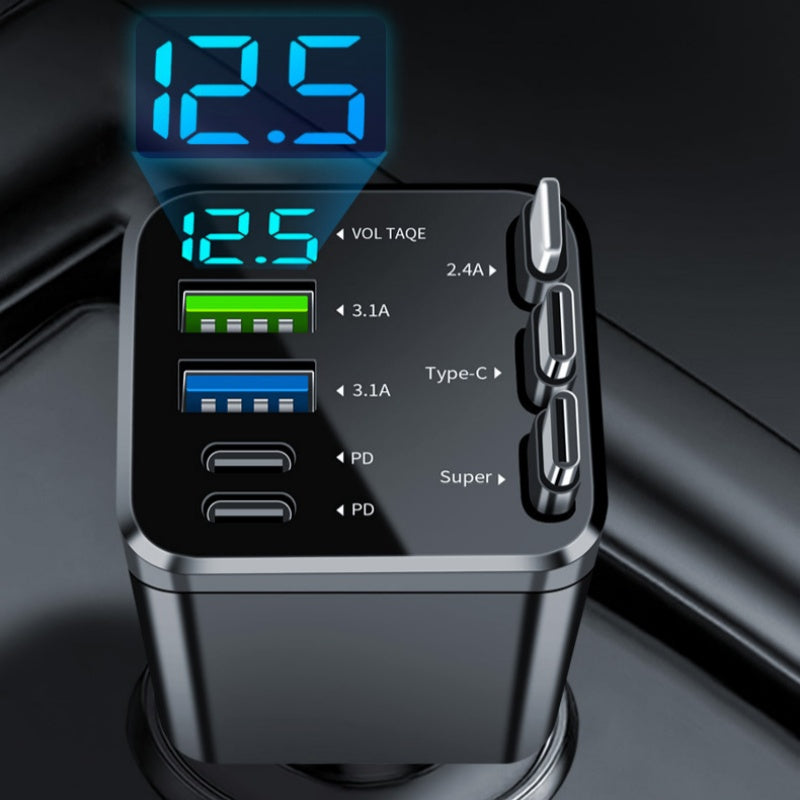 charging 7-in-1 Retractable Fast Car Charger with Voltage Display USB-C For Androidand Lighting For compatible devices