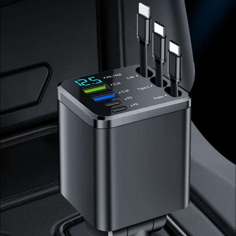 charging 7-in-1 Retractable Fast Car Charger with Voltage Display USB-C For Androidand Lighting For compatible devices