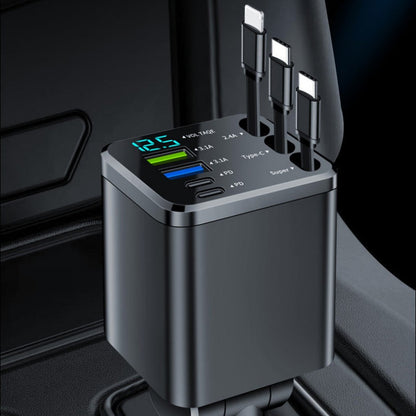 charging 7-in-1 Retractable Fast Car Charger with Voltage Display USB-C For Androidand Lighting For compatible devices