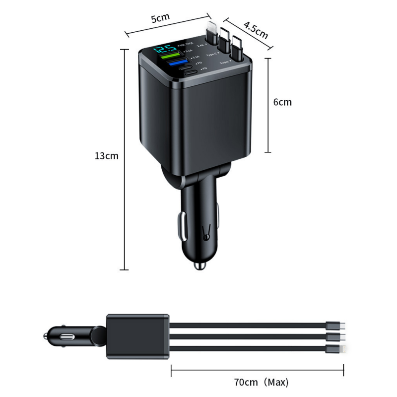 charging 7-in-1 Retractable Fast Car Charger with Voltage Display USB-C For Androidand Lighting For compatible devices
