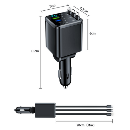 charging 7-in-1 Retractable Fast Car Charger with Voltage Display USB-C For Androidand Lighting For compatible devices