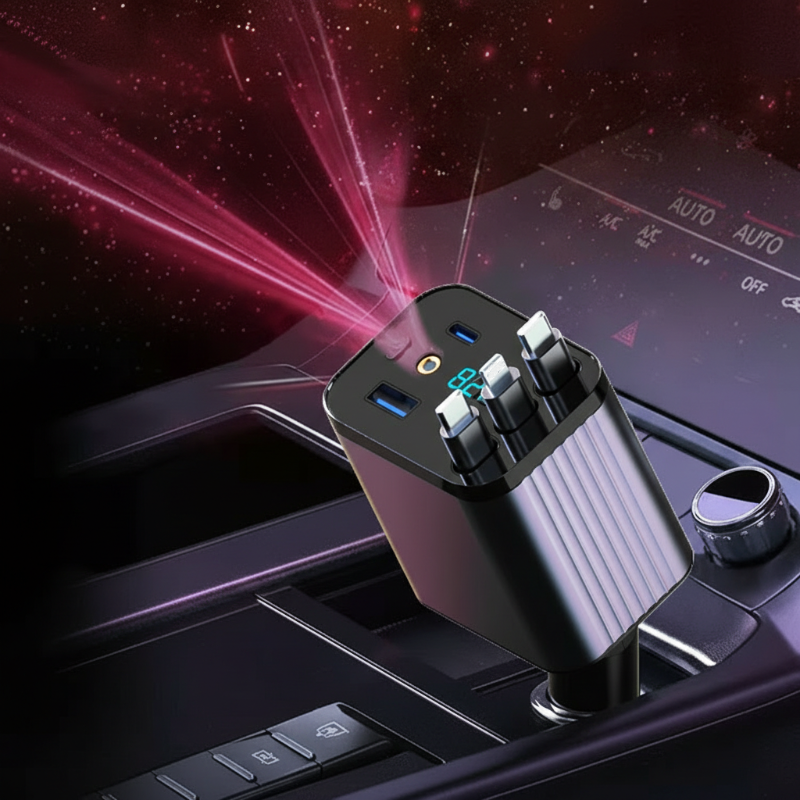 charging 7-in-1 Retractable Fast Car Charger with Voltage Display USB-C For Androidand Lighting For compatible devices