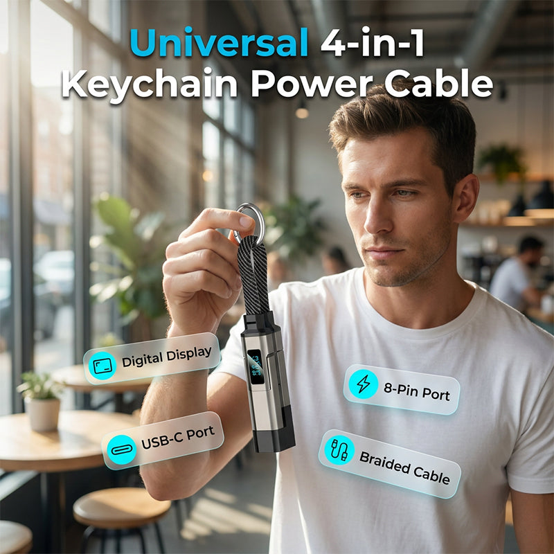 4-in-1 Charging Cable with Digital Display and Keychain charging, Kink-Resistant and Compact