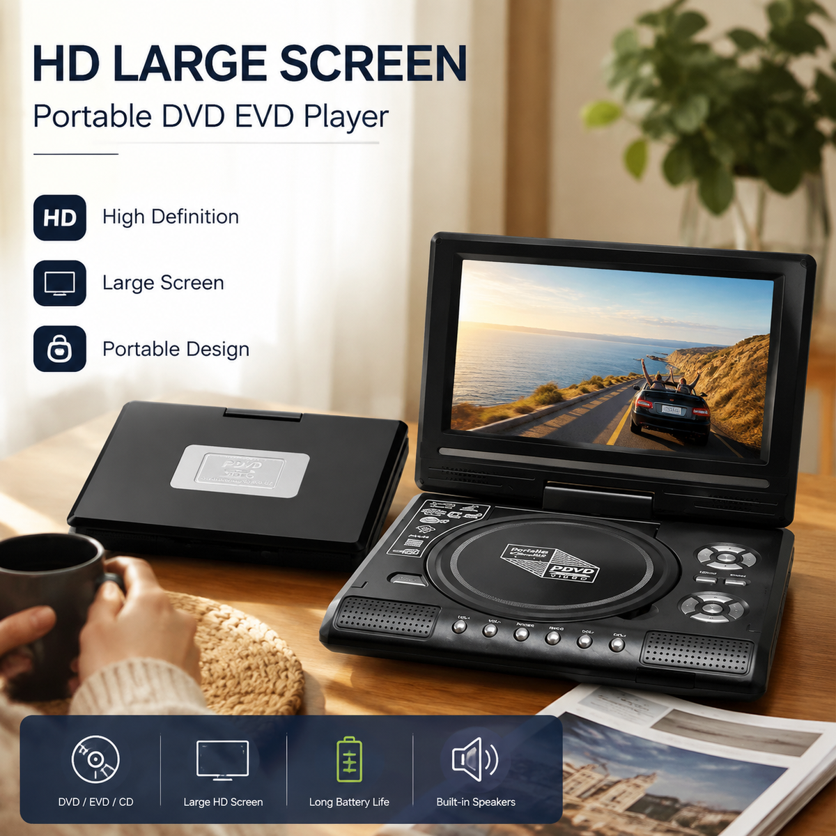 7.8" HD Portable DVD/EVD Player Large Screen, Rechargeable and Compatible with DVD/CD/USB/SD suitable for Home and Travel
