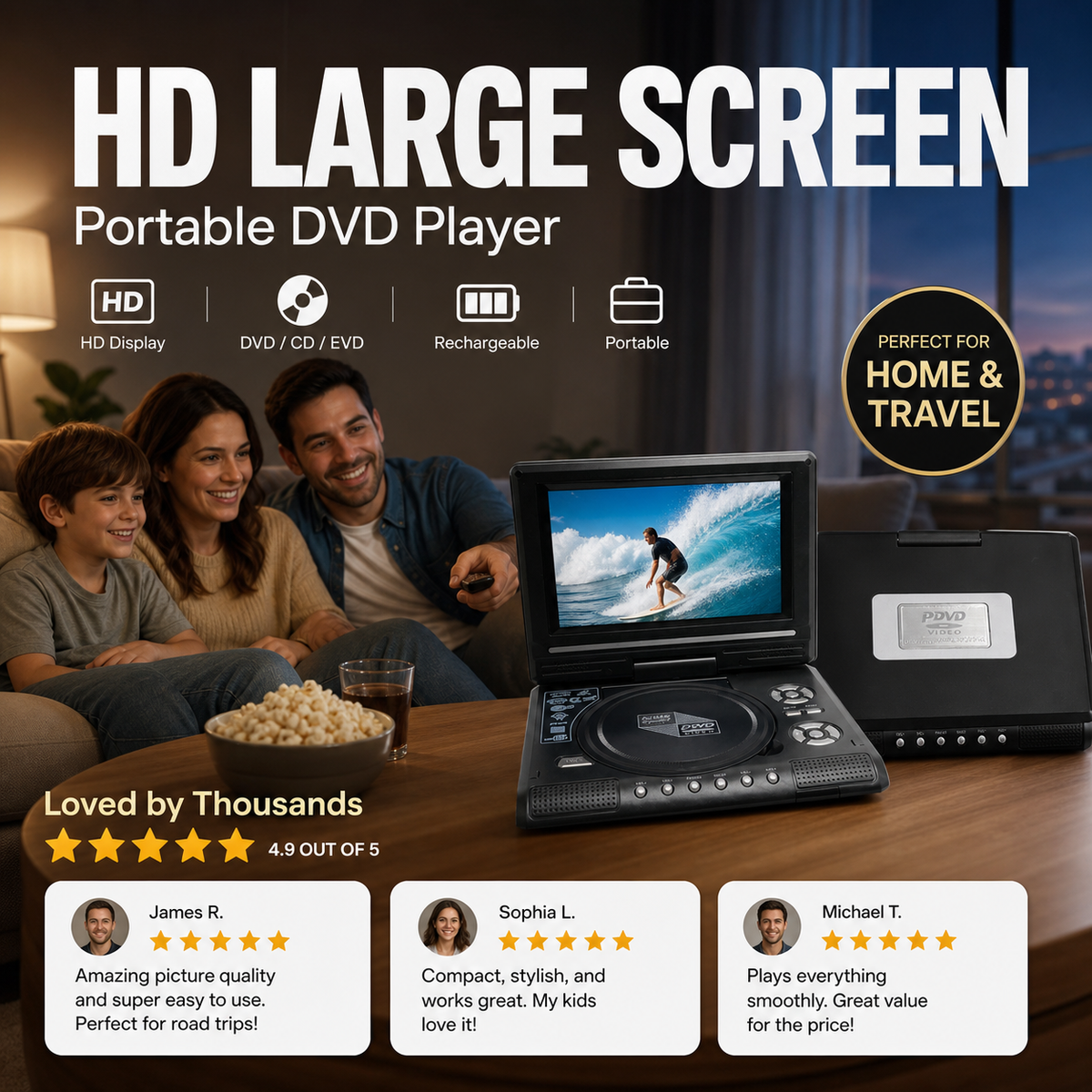 7.8" HD Portable DVD/EVD Player Large Screen, Rechargeable and Compatible with DVD/CD/USB/SD suitable for Home and Travel