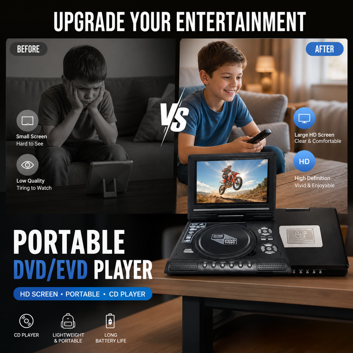 7.8" HD Portable DVD/EVD Player Large Screen, Rechargeable and Compatible with DVD/CD/USB/SD suitable for Home and Travel