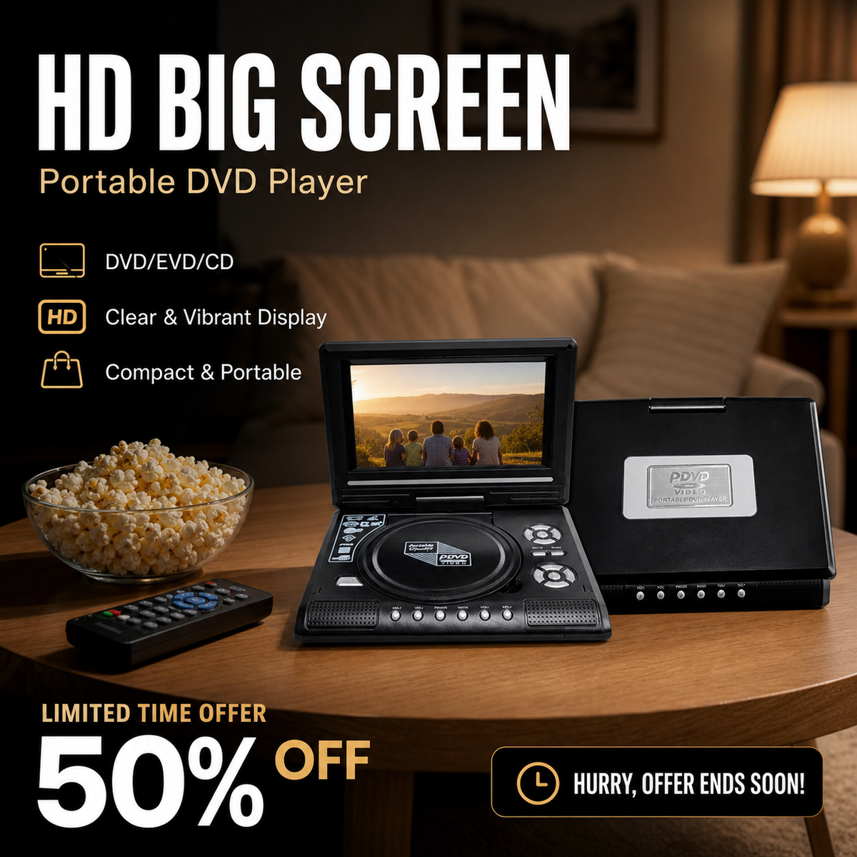 7.8" HD Portable DVD/EVD Player Large Screen, Rechargeable and Compatible with DVD/CD/USB/SD suitable for Home and Travel